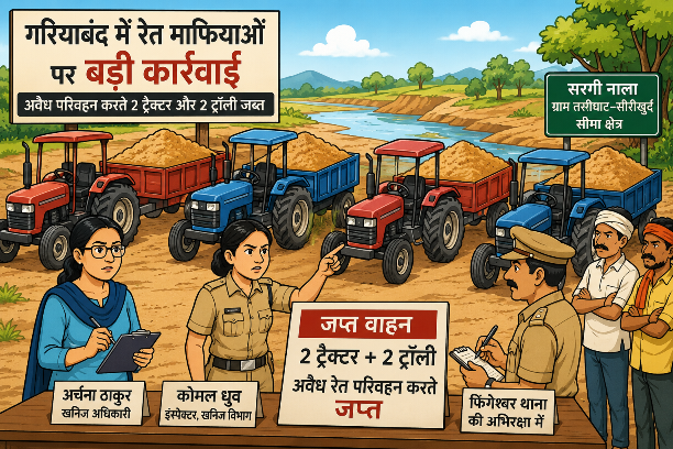 गरियाबंद में रेत माफियाओं पर बड़ी कार्रवाई: 4 ट्रैक्टर-ट्रॉली जब्त, खनिज विभाग की दबिश