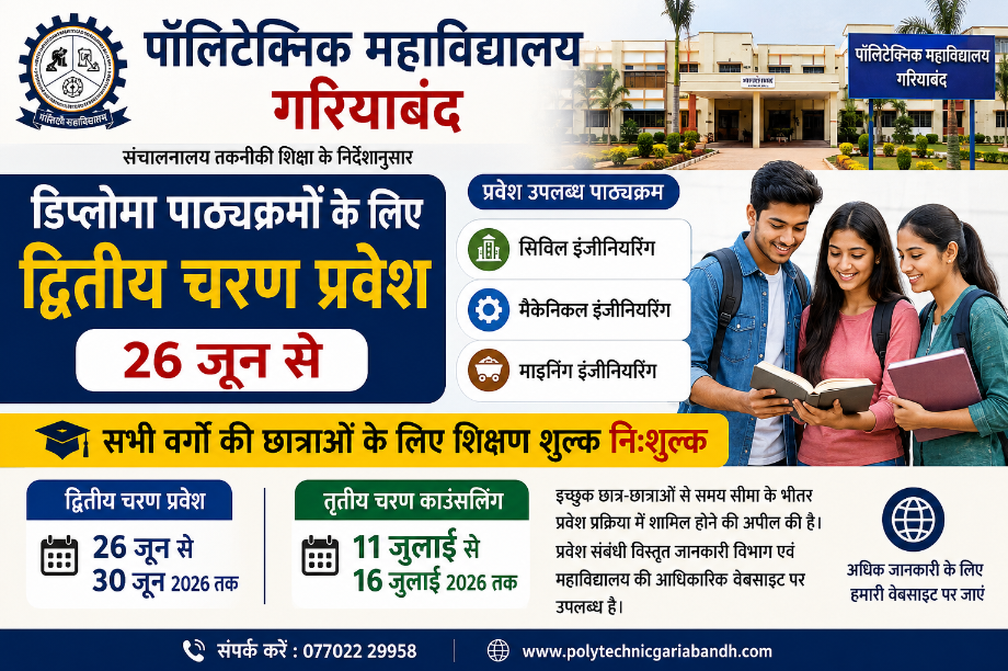 पॉलिटेक्निक महाविद्यालय गरियाबंद में डिप्लोमा पाठ्यक्रमों के लिए द्वितीय चरण प्रवेश 26 जून से,सिविल, मैकेनिकल एवं माइनिंग इंजीनियरिंग की रिक्त सीटों पर होगा प्रवेश